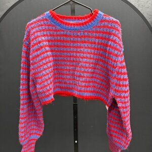 Zara Blue Red Striped Wool Blend Cropped Sweater